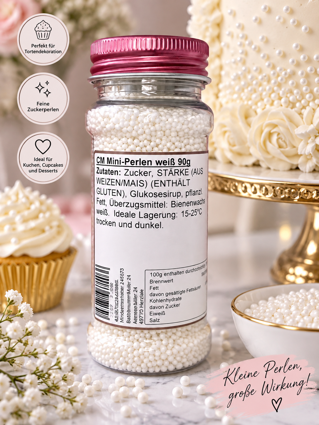 CM Mini-Perlen Weiß 90g – Essbare Zuckerperlen Tortendeko